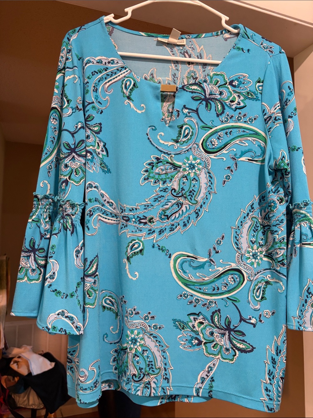 Dana Buchman Turquoise Paisley Keyhole Blouse with Bell Sleeves